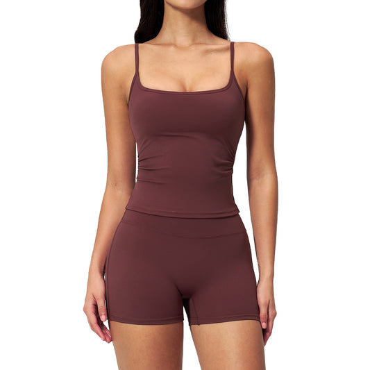 Fashionable Brushed Yoga Tank Top Butt-Lifting Shorts Set, Outdoor Casual Running Fitness Yoga Wear