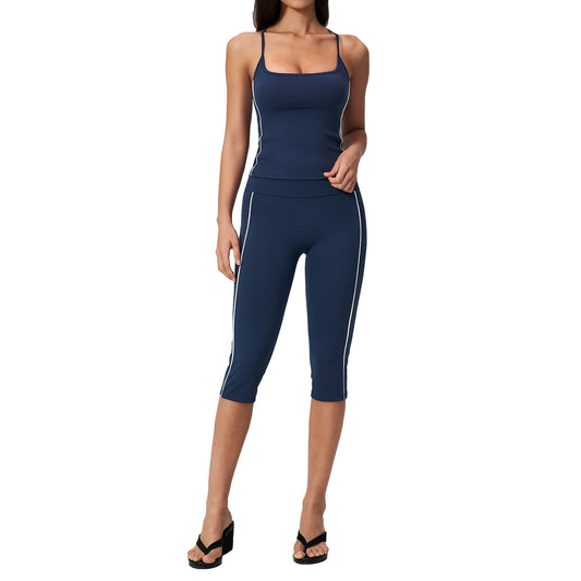 Yoga Set for Women Summer Brushed Color-Blocked Backless with Built-in Bra Wearable for Running Fitness Workout Outfit